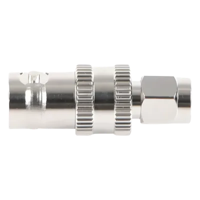Adaptador RF Coaxial / SMA Macho a BNC Hembra / En Línea / Cuerpo Bronce Niquelado / Contacto Oro / Aislante Teflón