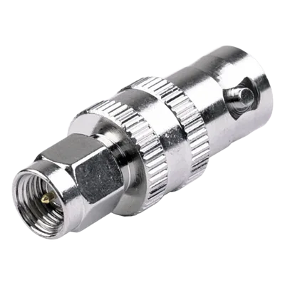 Adaptador RF Coaxial / SMA Macho a BNC Hembra / En Línea / Cuerpo Bronce Niquelado / Contacto Oro / Aislante Teflón