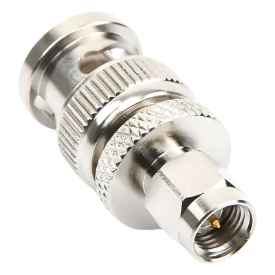 Adaptador Coaxial en Línea / SMA Macho a BNC Macho / Cuerpo Bronce Niquelado / Contacto Oro / Aislante Teflón
