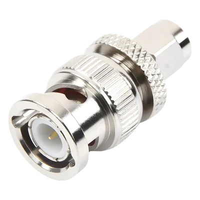 Adaptador Coaxial en Línea / SMA Macho a BNC Macho / Cuerpo Bronce Niquelado / Contacto Oro / Aislante Teflón