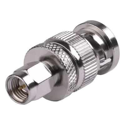 Adaptador Coaxial en Línea / SMA Macho a BNC Macho / Cuerpo Bronce Niquelado / Contacto Oro / Aislante Teflón