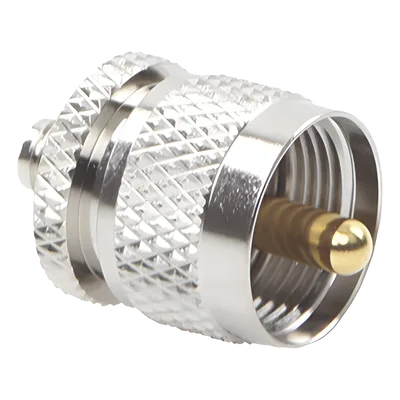 Adaptador RF en Línea / SMA Hembra a UHF Macho (PL-259) / Cuerpo Bronce Niquelado / Contacto Oro / Aislante Teflón