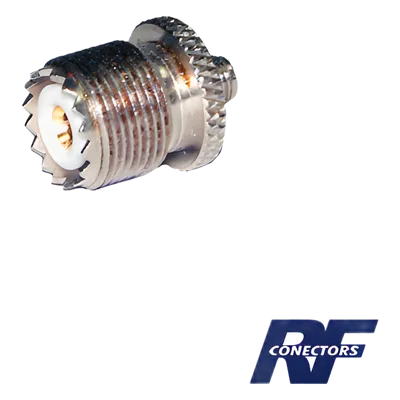 Adaptador RF / Conector SMA Hembra a UHF Hembra (SO-239) / Cuerpo Bronce Niquelado / Contacto Oro / Aislante Teflón / Montaje en Línea