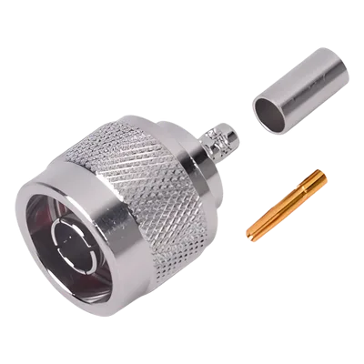 Conector N Macho Inverso / Anillo Plegable / Cuerpo Bronce Niquelado / Contacto Oro / Teflón / RG-58/U, RG-142/U