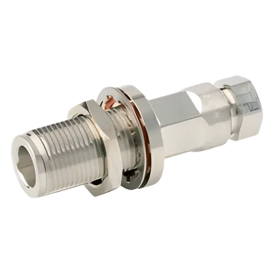 Conector N Hembra de Chasis / Auto-sujetado / FSJ1-50A 1/4" / 50 Ω / DC-6000 MHz / Oro-Plata-Trimetal