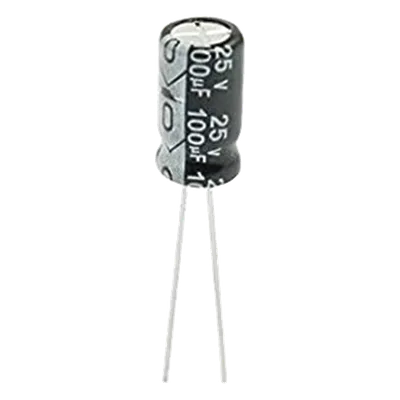 Capacitor Electrolítico Radial / 100 µF / 25 Vcc / 105 °C / 6.3 x 11 mm / Corriente de Rizado 170 mA RMS