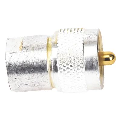 Adaptador Coaxial / Hembra UNIDAPT a Macho UHF PL-259 / Bronce Chapado Plata / Contactos Oro / Dieléctrico Teflón
