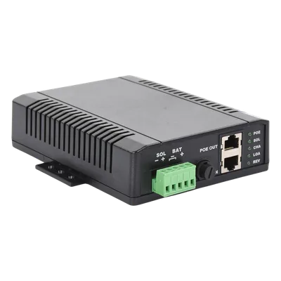 Controlador Solar POE, Entrada 12 Vcc Hasta un Panel Solar de 125 Watts, Salida PoE Pasivo en 24 Vcc Hasta 20 Watts Máximo.