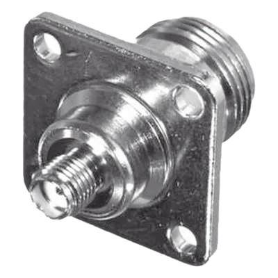 Adaptador Coaxial en Línea para Panel / SMA Hembra a N Hembra / Montaje Frontal y Trasero / 18 mm entre Centros / Níquel y Oro