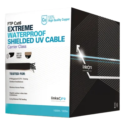 Bobina de Cable Cat6+ / 305 m (1000 pies) / Calibre 23 AWG / FTP Blindado / Exterior UV / CMX / UL