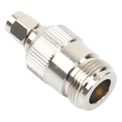 Adaptador Coaxial en Línea / SMA Macho Inverso a N Hembra / Frecuencia 18 GHz / Cuerpo Bronce Niquelado / Contacto Oro / Aislante Teflón