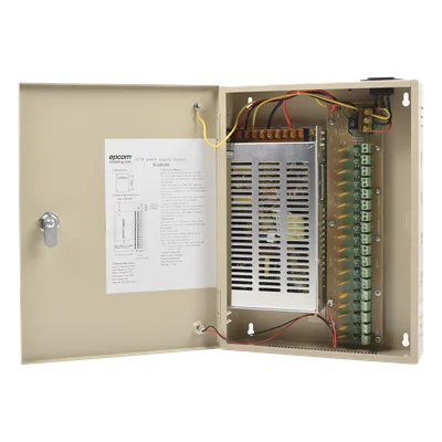 Fuente de alimentación para 12 Vcc, 20 A, 18 salidas; Voltaje de entrada : 100-240 Vca, con capacidad de respaldo, requiere batería