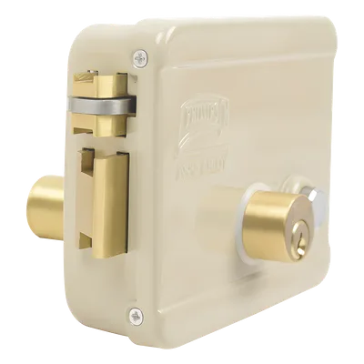 Cerradura Eléctrica / Doble Cerrojo / 12 VCC/VCA / Consumo 2 A/4 A / Botón Integrado / Izquierda / Exterior