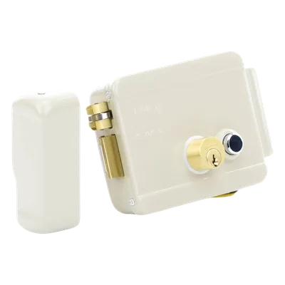 Cerradura Eléctrica / Doble Cerrojo / 12 VCC/VCA / Consumo 2 A/4 A / Botón Integrado / Izquierda / Exterior