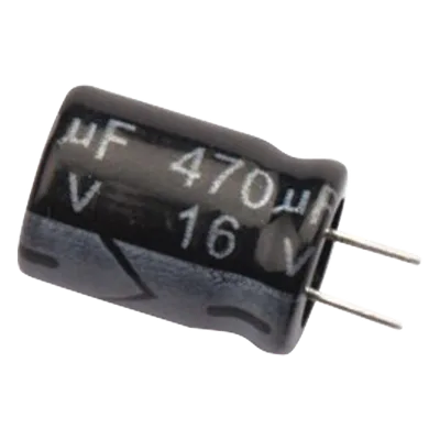 Capacitor Electrolítico de Aluminio / 470 μF / 16 Vcc / 105 °C / Radial 8.0 x 11 mm / Corriente de Rizado 305 mA RMS