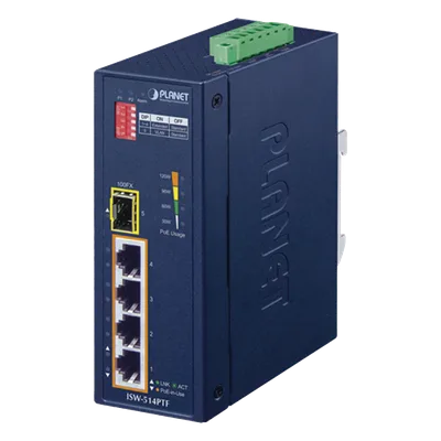 Switch Industrial PoE / 4 Puertos 10/100 Mbps / 1 Puerto 100Base-FX / Rango -40 a 75°C (-40 a 167°F) / IP30 / Conmutación 1 Gbps