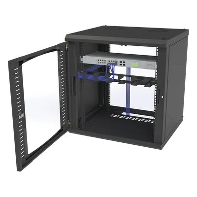 Gabinete de Pared para Rack 19in / 12 Unidades / Carga 100 kg / Puerta Cristal Templado / Postes Ajustables