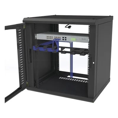 Gabinete de Pared para Rack 19in / 12 Unidades / Carga 100 kg / Puerta Cristal Templado / Postes Ajustables