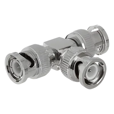 Adaptador Coaxial Tipo T / Triple BNC Macho / 75 Ohm / RG-59 y RG-6 / Níquel y Oro / 39.9 mm de Longitud