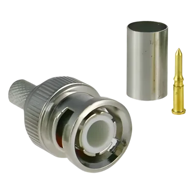 Conector BNC Macho / 75 Ohm / 3 Piezas en Línea / Anillo Plegable / RG-59/U / CCTV / Níquel-Oro-PTFE