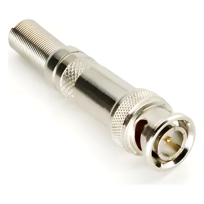 Conector BNC Macho / 75 Ohm / Resorte de Presión / RG-59/RG-6 / Níquel-Oro-PTFE / 41.7 mm (0.14 ft) Largo
