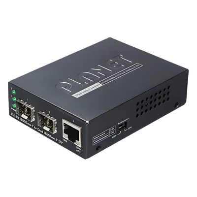Convertidor de Medios / Puerto 10/100/1000Base-T / Doble Ranura SFP / Hasta 120 km / 2.8 W