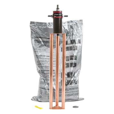 Electrodo de Puesta a Tierra / 45 Amp / Filtro LCR / Resistencia < 2 Ohm / Cobre Electrolítico / Compuesto H2Ohm / 20 Años Sin Mantenimiento