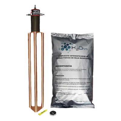 Electrodo de Puesta a Tierra / 45 Amp / Filtro LCR / Resistencia < 2 Ohm / Cobre Electrolítico / Compuesto H2Ohm / 20 Años Sin Mantenimiento