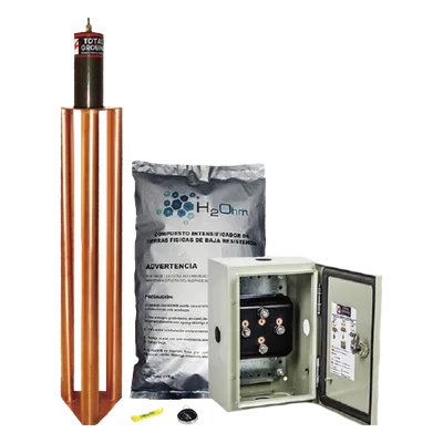Kit de puesta a tierra / 100 A / Electrodo de cobre electrolítico / Acoplador 1500 A NEMA 4 / Filtro LCR / Compuesto mejorador