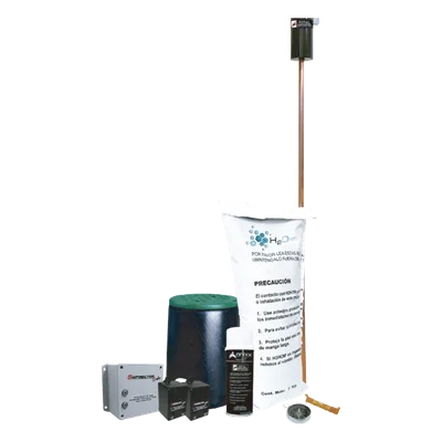 Kit de Puesta a Tierra / Resistencia < 2 Ohm / Electrodo Cobre Electrolítico / Compuesto Orgánico 5 kg / Supresor de Pico SOHO / Acoplador LCR 15 A / Conectores RJ45