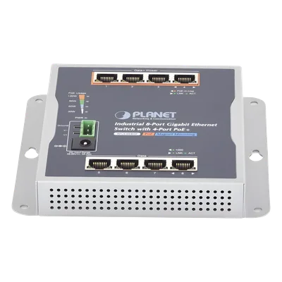 Switch Industrial No Administrable / 8 Puertos Gigabit / 4 Puertos PoE+ 802.3at / 120 W / Montaje Múltiple / Alimentación Dual con Failover