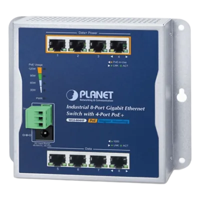 Switch Industrial No Administrable / 8 Puertos Gigabit / 4 Puertos PoE+ 802.3at / 120 W / Montaje Múltiple / Alimentación Dual con Failover