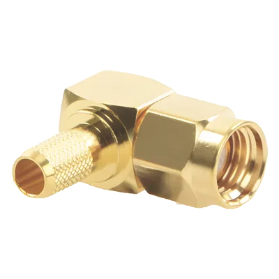 Conector SMA Macho Inverso / Ángulo Recto / Anillo Plegable / Cables RG-58/U y RG-142/U / Cuerpo Bronce Oro / Aislante Teflón