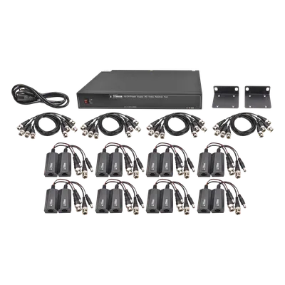 Kit de 16 canales para transmisión de ALIMENTACION (NO SOPORTA COAXITRON)( de 36 Vcc a 12 Vcc) y video (HD-TVI) a distancias de hasta 250 m.