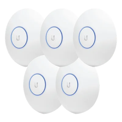 Paquete de 5 Access Point UniFi de largo alcance, Doble banda 802.11ac MIMO2X2 para interior, PoE 802.3af, soporta 250 clientes, hasta 867 Mbps, Los equipos no incluyen poe se sugiere comprar aparte e