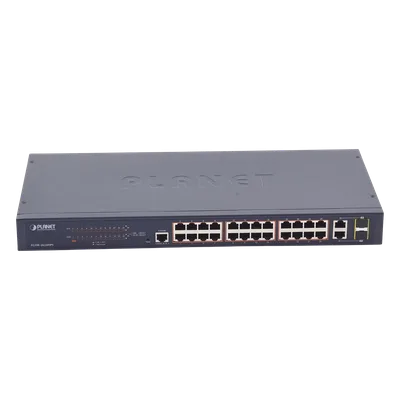 Switch administrable PoE+ / 24 puertos 10/100TX / 2 puertos combo Gigabit TP/SFP / 220W / 6,54 Mpps / 0-50°C / 1,44 x 0,98 x 0,15 pies