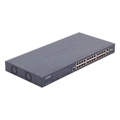 Switch administrable PoE+ / 24 puertos 10/100TX / 2 puertos combo Gigabit TP/SFP / 220W / 6,54 Mpps / 0-50°C / 1,44 x 0,98 x 0,15 pies
