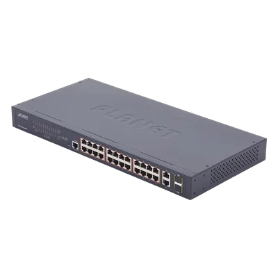 Switch administrable PoE+ / 24 puertos 10/100TX / 2 puertos combo Gigabit TP/SFP / 220W / 6,54 Mpps / 0-50°C / 1,44 x 0,98 x 0,15 pies