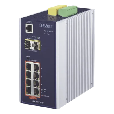 Switch Industrial Administrable Capa 2 / 8 Puertos PoE Gigabit 802.3af/at / 2 Puertos SFP 1/2.5G / Fuente Redundante / 258W PoE Total