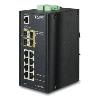 Switch Industrial Administrable / 8 Puertos 10/100/1000T RJ45 / 4 Ranuras 100/1000X SFP / 12-72V DC / 17.85 Mpps