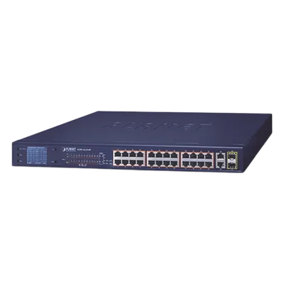 Switch PoE No Administrable / 24 Puertos 10/100 Mbps / 2 Puertos Combo Gigabit TP/SFP / PoE 802.3af/at 300 W / Alcance Extendido 250 m (820.2 ft) / Pantalla LCD