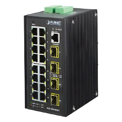 Switch Administrable Industrial / 16 Puertos Gigabit RJ45 / 4 SFP / -40°C a 75°C / IP30 / Fuente Redundante 12-48V DC