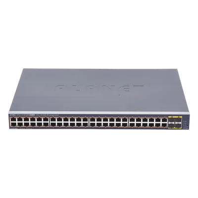 Switch Administrable PoE / 48 Puertos Gigabit RJ45 / 4 Puertos SFP / 440W PoE / 104 Gbps / 1.44 ft (0.44 m) Profundidad