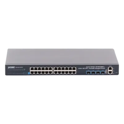 Switch Administrable Capa 3 / 24 Puertos Gigabit Ethernet / 4 Puertos 10G SFP+ / Apilable / 128 Gbps / 10 km Fibra