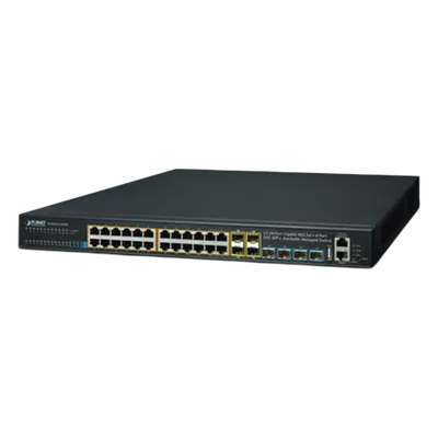 Switch Administrable Stacking Capa 3 / 24 Puertos PoE+ Gigabit / 4 SFP+ 10G / 370W PoE Total / 128 Gbps Throughput