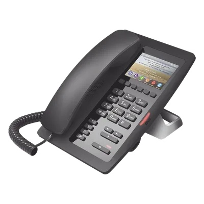 Teléfono IP Hotelero / Pantalla LCD Color 3.5" / 2 Líneas SIP / 6 Teclas Hotline / Puerto USB Carga / PoE 802.3af / Personalización Logo Hotel