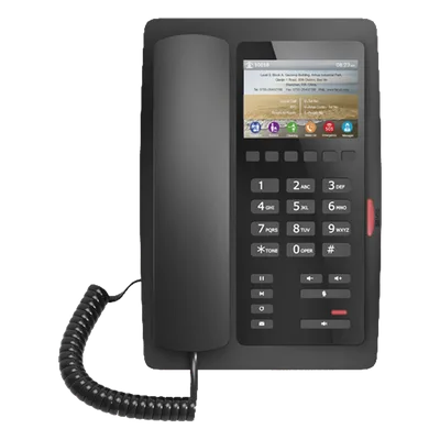 Teléfono IP Hotelero / Pantalla LCD Color 3.5" / 2 Líneas SIP / 6 Teclas Hotline / Puerto USB Carga / PoE 802.3af / Personalización Logo Hotel