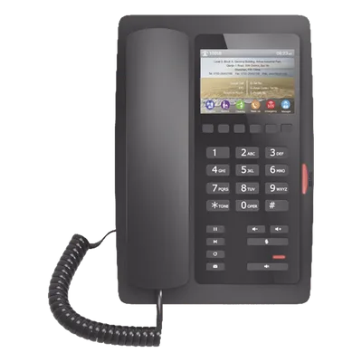 Teléfono IP Hotelero / Pantalla LCD Color 3.5" / 2 Líneas SIP / 6 Teclas Hotline / Puerto USB Carga / PoE 802.3af / Personalización Logo Hotel