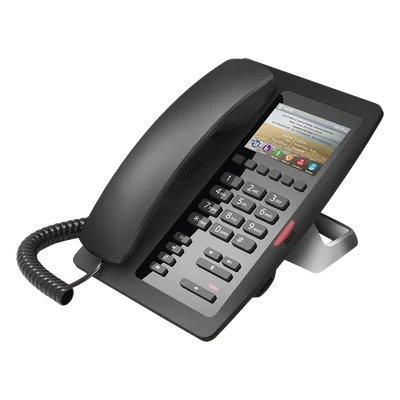 Teléfono IP Hotelero / Pantalla LCD Color 3.5" / 2 Líneas SIP / 6 Teclas Hotline / Puerto USB Carga / PoE 802.3af / Personalización Logo Hotel