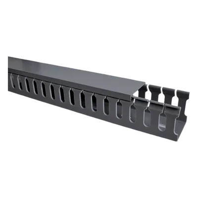 Canaleta ranurada con tapa / PVC rígido autoextinguible V-0 / 2 m (6.56 ft) / Gris / Temperatura máxima 85°C / Capacidad 40% EIA/TIA-569-A